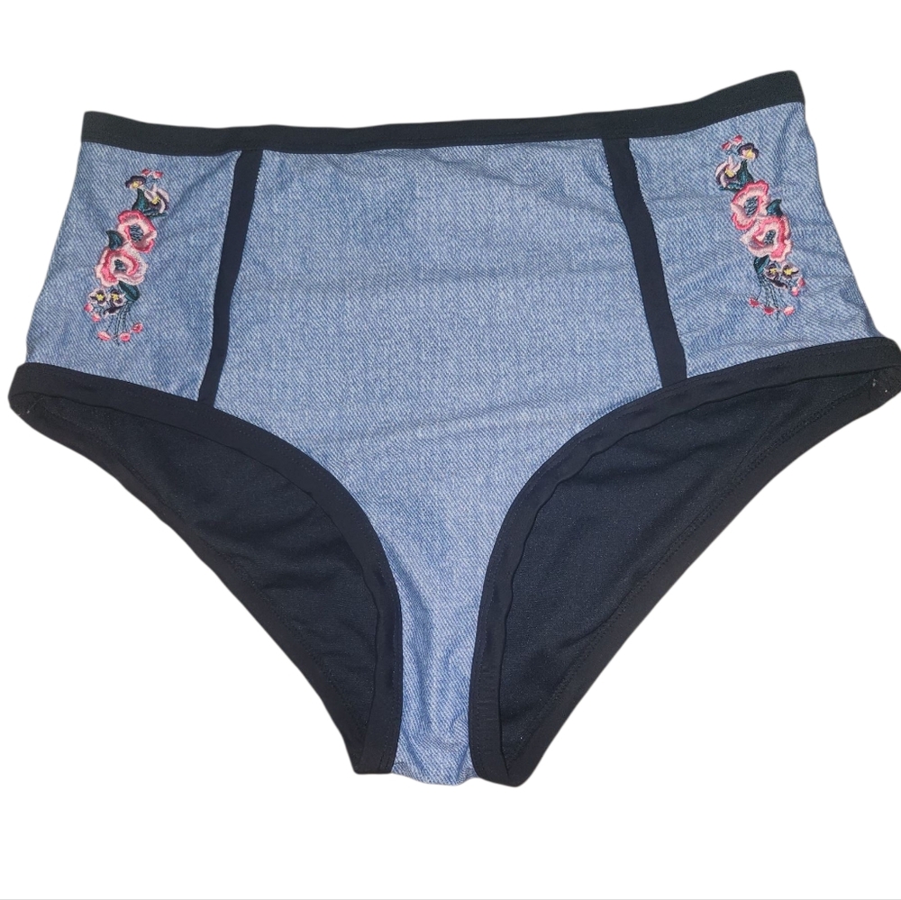 Marilyn Monroe Blue Jean Looking High-Waisted Bikini Bottoms w Floral Embroidery